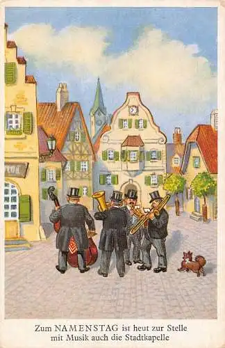 Namenstag Grüße Fanfare Musikinstrumente Trompete Cello Hund Postkarte