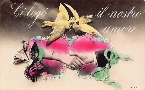Liebe Grüße Herzen Hände schütteln Paar Vögel Blumen Vintage Postkarte