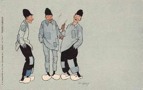 Drei Holländer sprechen Pfeife rauchen lachen Holzschuhe Kunst Leo Cheney Postkarte