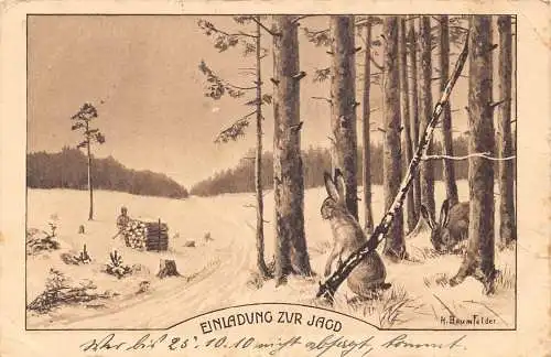 L409 Deutschland 1910 Einladung zur Hasenjagd Waldjäger Baumfelder Postkarte