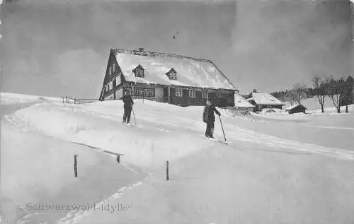 A130 Deutschland 1907 Schwarzwald Idylle Ski Bergsteiger Hütte Schnee Postkarte