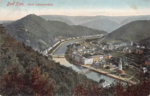 A129 Deutschland 1909 Bad Ems Blick Lahnaufwaerts Gesamtansicht Brücken Postkarte