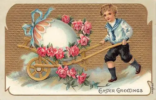 L229 Ostergrüße Junge Wagen Riesenei Rosen Blumen geprägt Fantasy Postkarte