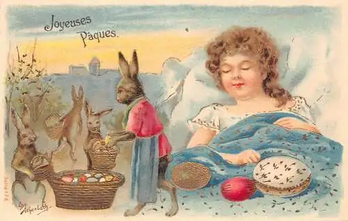 L229 Ostergrüße Mädchen vermenschlichte Hasen Eier geprägt Fantasy Postkarte