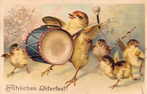 L230 Ostergrüße 1919 Humanisierte Küken singen Trommel geprägt Fantasy Postkarte
