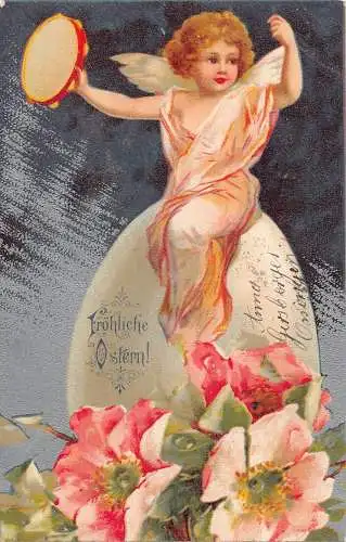 L229 Ostergrüße 1904 Cherub Tamburin Ei Blume Fantasy Vintage Postkarte
