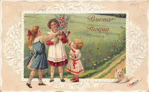 L229 Ostergrüße 1917 Kinder Blumen Eier geprägt Fantasie Postkarte