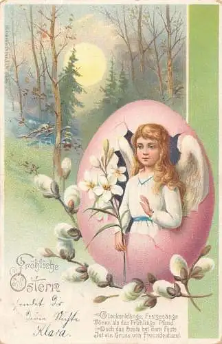 L229 Ostergrüße 1903 Engel Blumen Ei Litho Fantasy Postkarte