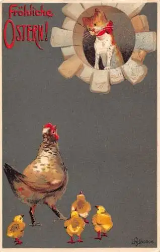 L229 Ostergrüße 1908 Katze Küken Henne Fantasy Vintage Postkarte