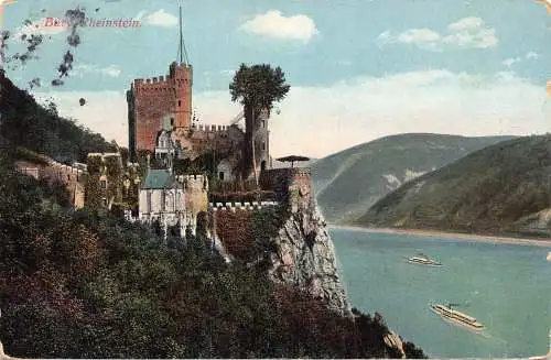 L017 Deutschland 1912 Burg Rheinstein Burg Dampfschiff Fluss Vintage Postkarte