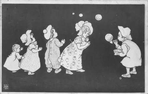 L409 Grüße 1911 Comic Kinder spielen Seifenblasen Vintage Postkarte