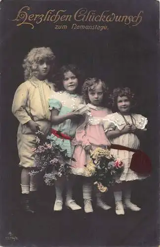 A126 Namenstag Grüße 1908 Junge Mädchen Blumenstrauß Reihe Fotomontage Postkarte