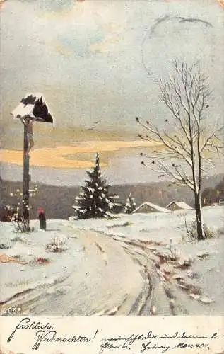 A126 Weihnachtsgrüße 1904 Winterlandschaft Kreuzstraße Tannenbaum Postkarte