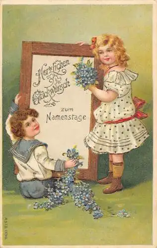 A126 Namenstag Grüße 1905 Junge Mädchen Vergissmeinnicht Blumen Schild Prägung Postkarte