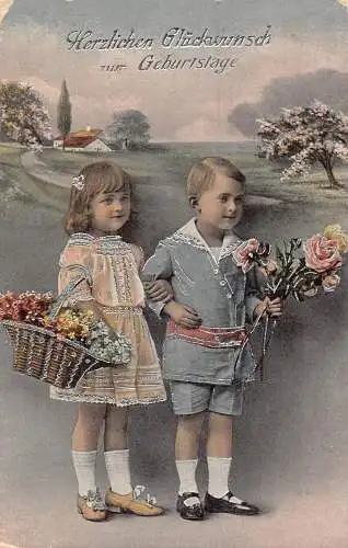 A126 Geburtstagsgrüße 1918 Junge Mädchen Blumenkorb Rose Silber Details Postkarte
