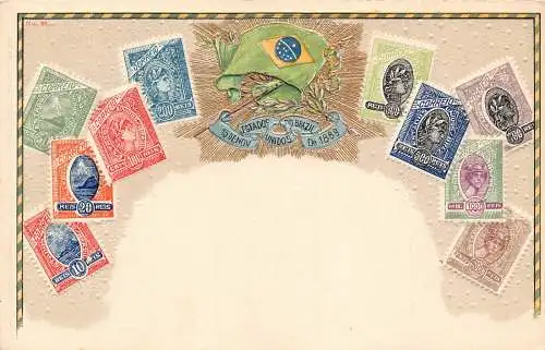 Brasilien Flagge Briefmarken Philatelie Prägung Litho Vintage Postkarte