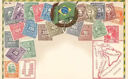 Brasilien Flagge Briefmarken Karte Philatelistische Litho Vintage Postkarte