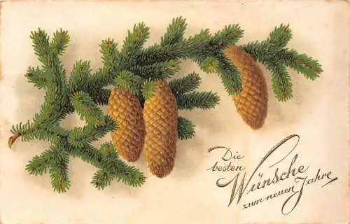 Neujahrsgrüße 1932 Tannenzapfen und Baumzweig Vintage Postkarte
