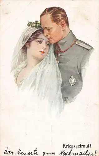 Verheiratet mit Krieg Braut und Soldat Hochzeit weißes Kleid Schleier 1917 Vintage Postkarte
