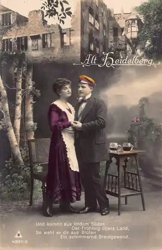 Altes Heidelberger Paar nah dran bei einem Bierkrug Gedicht Vintage Postkarte