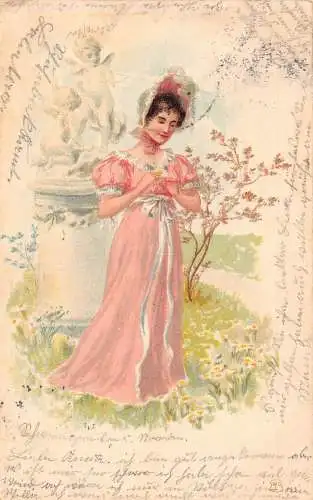 Gezeichnete elegante Frau in rosa Kleid und Haube Engel Statue 1903 Vintage Postkarte