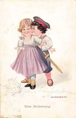 Gezeichnete Kinder als Paar Wangenkuss Soldat Junge Holzschwert 1914 Diehl Postkarte