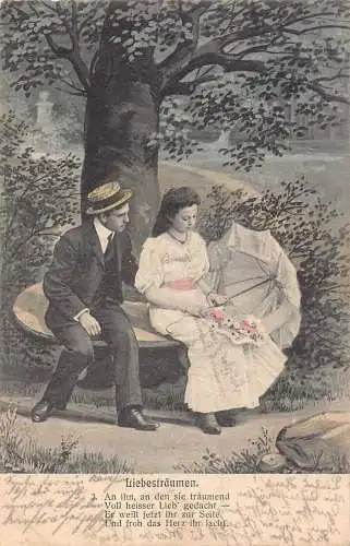 Träume der Liebe 1904 Gentleman tröstet traurige Frau Regenschirm Blumen Postkarte