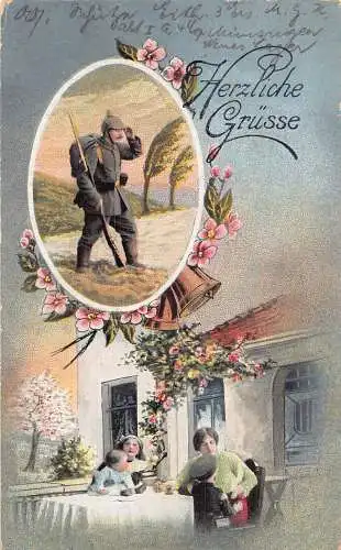Herzliche Grüße 1918 Familienhaus Blumenglocken Vater Soldat 1. Weltkrieg Feldpostkarte