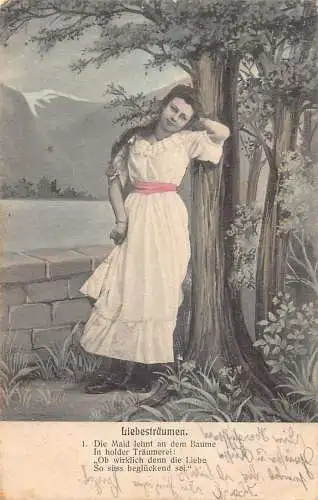 Love Dreams 1904 Frau im weißen Kleid posiert in der Nähe von Baum Vintage Postkarte
