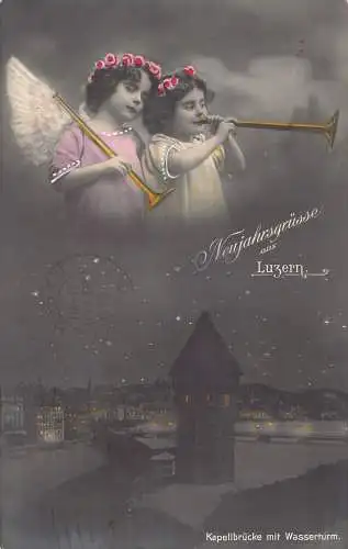Neujahrsgrüße aus Luzern 1916 Mädchen Engel Trompeten Kapellebrücke Postkarte