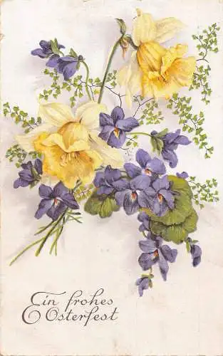 Ostergrüße Veilchen und Narzissen Blumen Vintage Postkarte