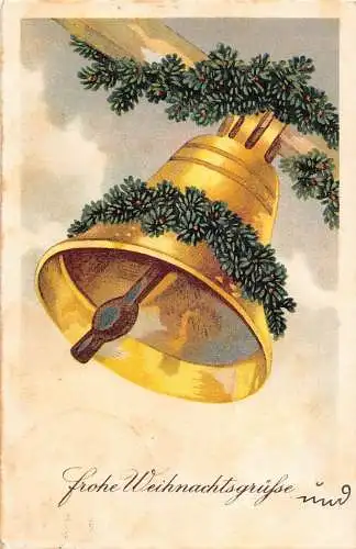 Weihnachtsgrüße 1930 Glocke verziert mit Tannenzweigen klirrende Postkarte