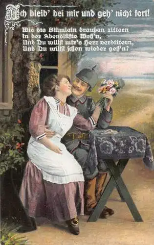 Liebesromantik Infanterie Soldat umarmt Frau Rosen Blumenstrauß Gedicht Vintage Postkarte