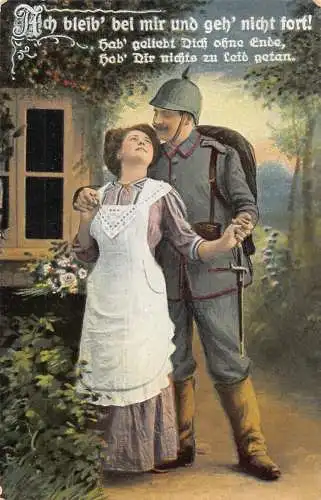 Liebesromantik Infanterie Soldat umarmt Frau Rosen Blumenstrauß Vintage Postkarte