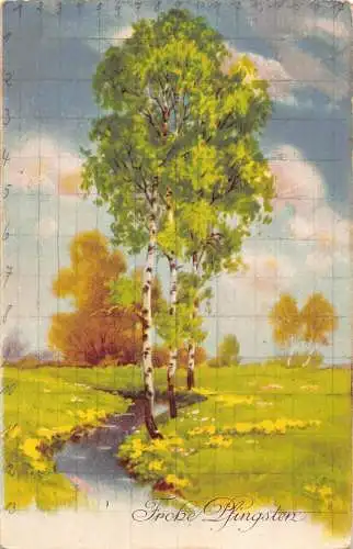 Pfingstgrüße 1930 Birken entlang Flusslandschaft Vintage Postkarte