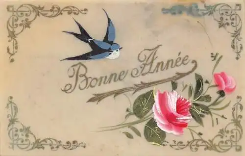 L371 Neujahrsgrüße Schwalbe Vogel Blumen Zelluloid Vintage Postkarte