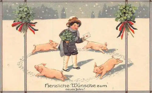 L371 Neujahrsgrüße 1915 Schweine Junge Kleeblatt Glück geprägt Vintage Postkarte