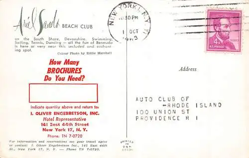 Bermuda 1963 Ariel Sands Beach Club an der Südküste Devonshire Vintage Postkarte