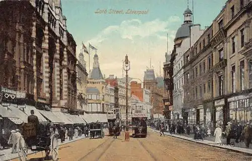 England Liverpool Lord Street Doppeldecker Straßenbahn Geschäfte Vintage Postkarte
