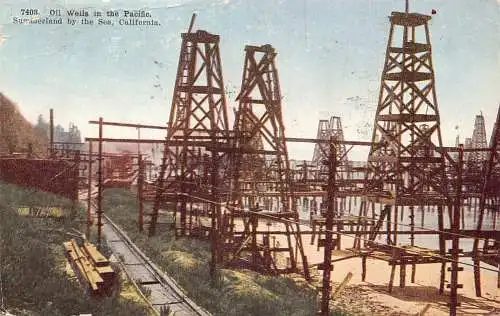 US-Ölquellen im pazifischen Sommerland am Meer Kalifornien Industrie Postkarte