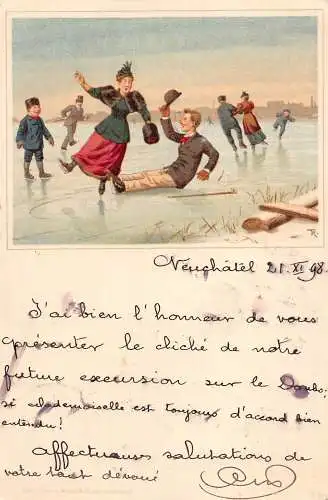 Schweiz 1898 Eislaufen Comic Spaß Vintage Postkarte