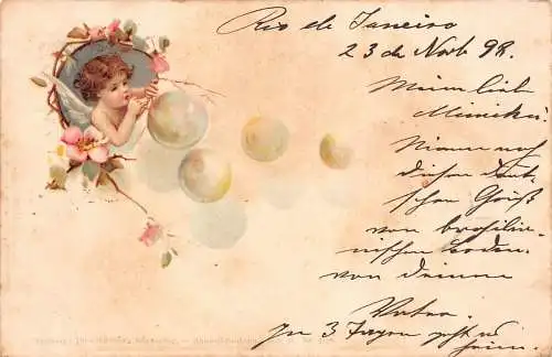 Brasilien Rio de Janeiro 1898 Cherub Amor Seifenblasen Floral Vintage Postkarte