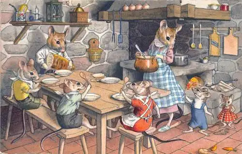 Fantasy Familie vermenschlichter Mäuse sitzt am Küchentisch Vintage Postkarte