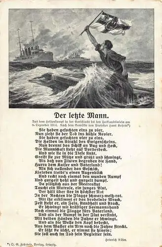 L465 Deutsche Propaganda Last Man Flagge Kriegsschiffe Vintage Postkarte