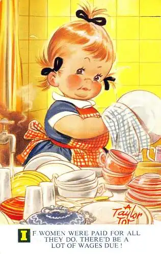 Bamforth Kinder Comic Humor Mädchen Geschirr waschen Menge fälliger Löhne! Postkarte