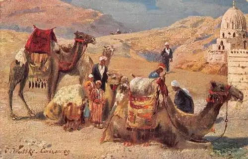 A623 Ägypten Wohnwagen Beduinen reiten Kamele Wüste Kunst Vintage Postkarte