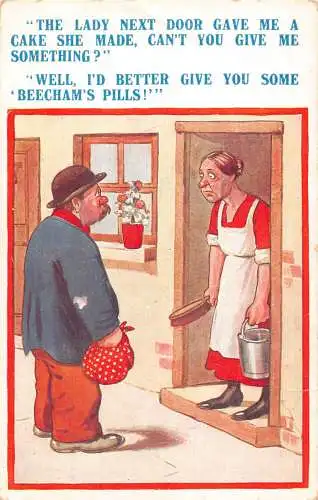 Comic Humor 1934 Armer Mann vor Frauenhaus Beechams Pillen Postkarte