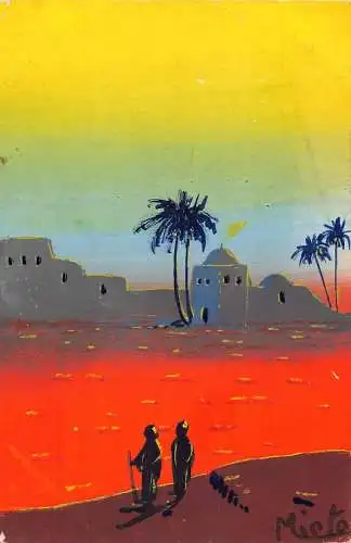 A625 Ägypten handbemalt Kairo Blick bei Sonnenuntergang Beduinen Silhouette Männer Postkarte