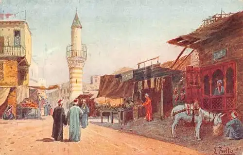 A623 Ägypten Kunst Kairo Straßenszene Eselturm Geschäfte Eingeborene Postkarte
