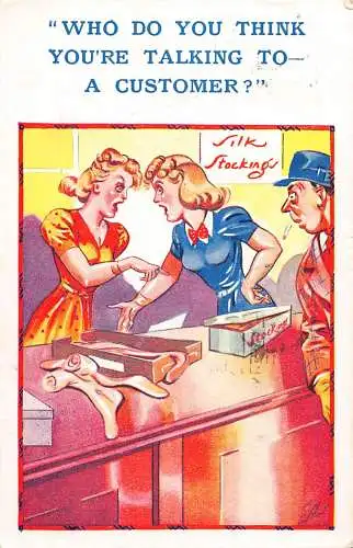 A625 Comic Humor 1947 Frauen streiten Seidenstrümpfe Shop Vintage Postkarte